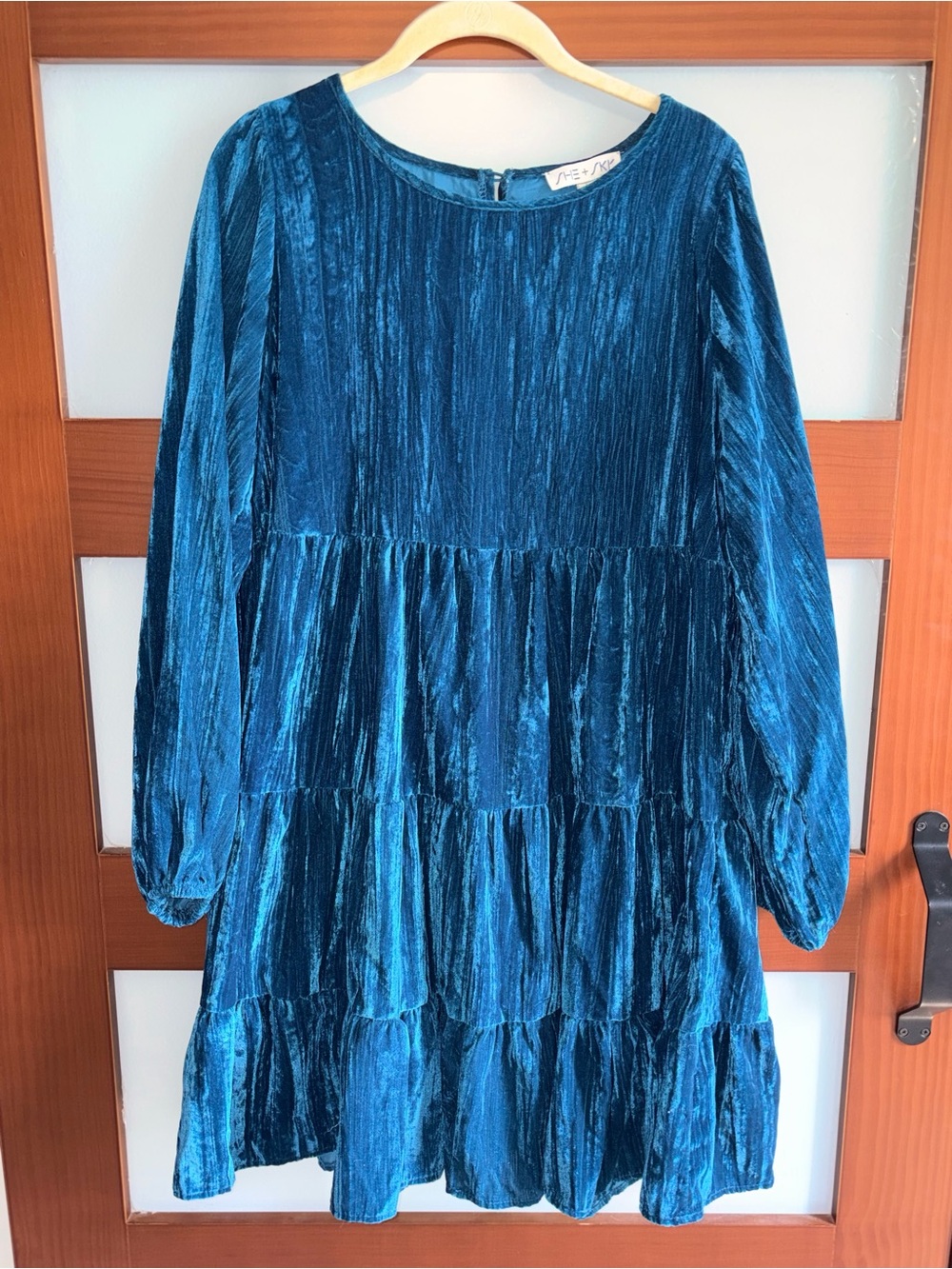 She + Sky Teal Velvet Tiered Long-Sleeve Dress